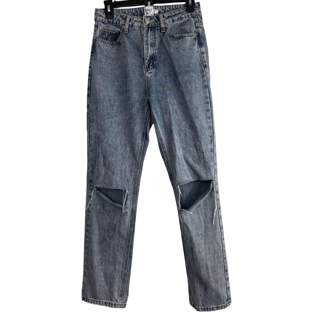 Princess Polly High Waisted Straight Leg Distressed Knee‎ Rip Jeans Light Wash 2